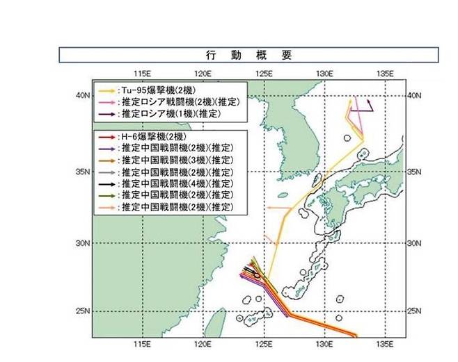 중-러 폭격기·전투기 비행 경고. 일본 방위성