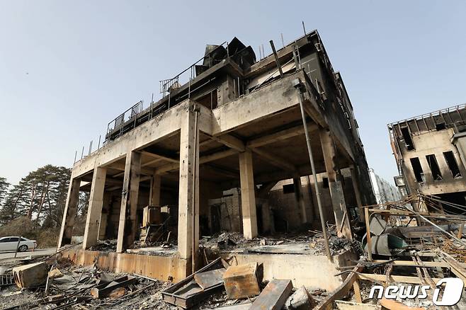 지난 12일 오전 강원도 강릉시 경포로 경포호 인근 펜션단지가 전날 발생한 강릉 산불 화재로 전소돼있다. /사진=뉴스1