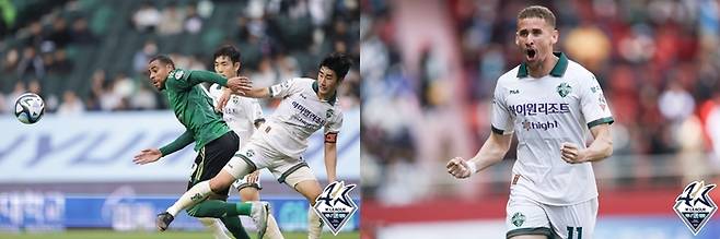 전북 현대 구스타보(왼쪽)와 강원FC 갈레고.    프로축구연맹 제공