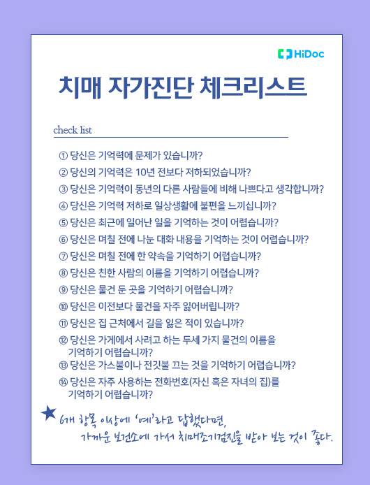 치매 자가진단 체크리스트｜출처: 보건복지부·중앙치매센터 ‘2022 나에게 힘이 되는 치매가이드북’