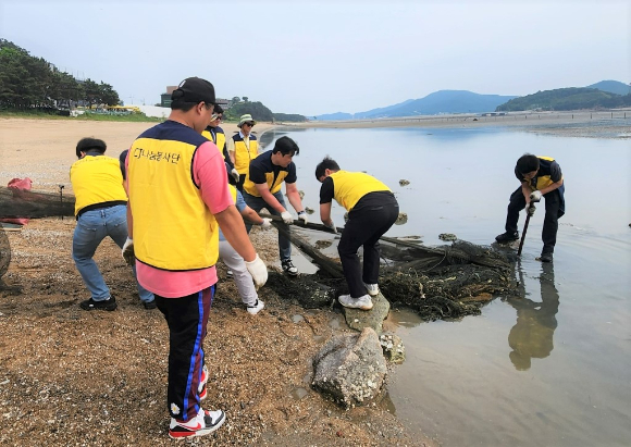 CJ제일제당 임직원들이 인천 마시안 해변 정화활동을 실시하는 모습. [사진=CJ제일제당]
