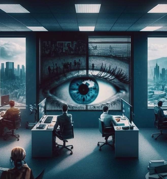 인공지능(AI) 이미지 생성 프로그램인 ‘미드저니’에 ‘사무실에서 AI 기기를 이용해 일하는 사람들’, ‘감시하는 존재’ 등의 키워드를 넣어 생성한 이미지.