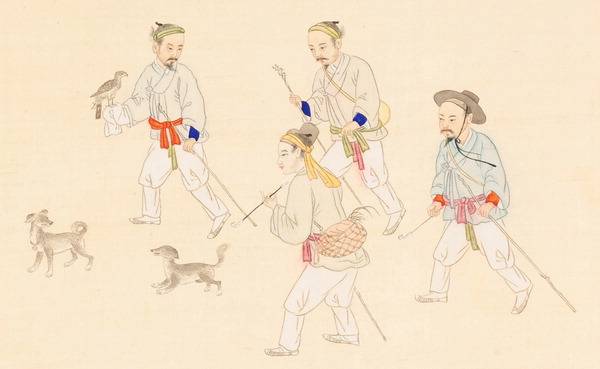 용재총화는 조선 사대부가 매사냥을 즐기는 대목을 여러 번 보여준다. 매 주인으로 매를 부리고 사냥을 지휘하는 수할치, 사냥감이 숨은 숲을 뒤집는 털이꾼, 사냥감이 도망친 방향을 알려주는 배꾼이 한 조다. 조선 말기 풍속 화가인 기산 김준근 작 ‘매사냥’(국립민속박물관 소장).