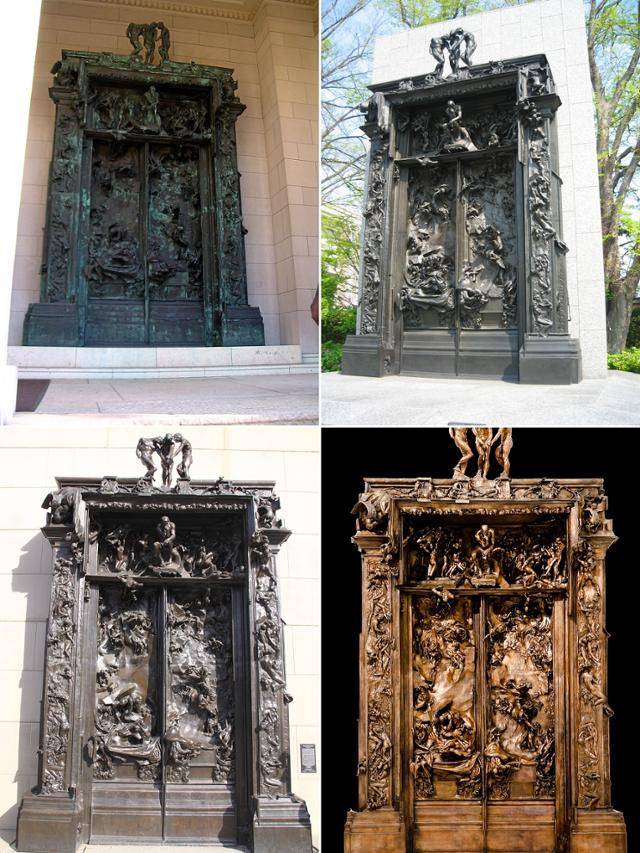 세계 각지에 전시된 로댕의 '지옥의 문'. 윗줄 왼쪽부터 시계방향으로 미국 필라델피아미술관, 일본 국립서양미술관, 멕시코 소우마야미술관, 미국 스탠퍼드대학 소유작들. ⓒWikipedia