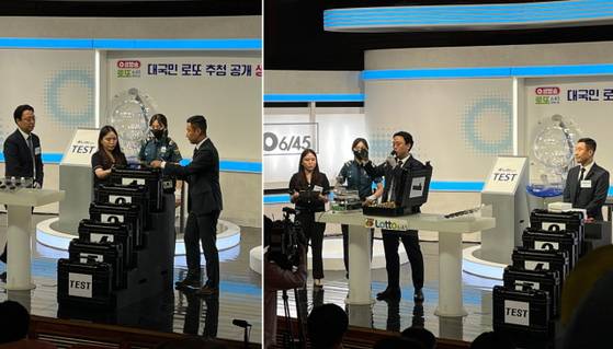 방송 관계자와 경찰관, 참관인 등이 함께한 추첨 준비 현장에서 추첨공 검수 작업이 진행되고 있다. 〈사진=한류경 기자〉