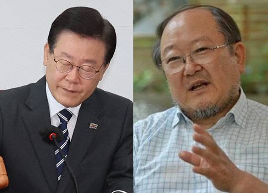 지난 6월5일 국회에서 열린 더불어민주당 최고위원회의에서 의사봉을 두드리는 이재명(왼쪽부터) 당대표, 당일 민주당 혁신위원장으로 임명된 이래경 다른백년 명예이사장.<연합뉴스 사진 갈무리>