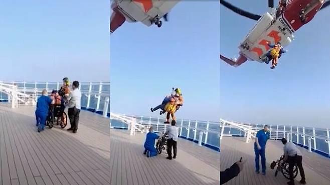 휠체어에 실려 해안경비대 헬리콥터에 올라타는 캐시디