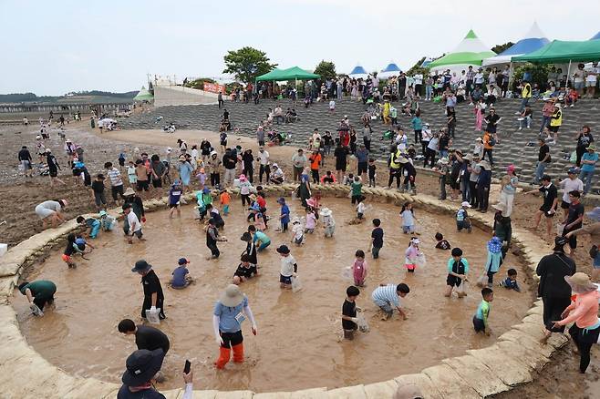 제9회 무안황토갯벌축제장에서 열린 낙지 장어 잡기 체험 현장. 사진제공ㅣ무안군