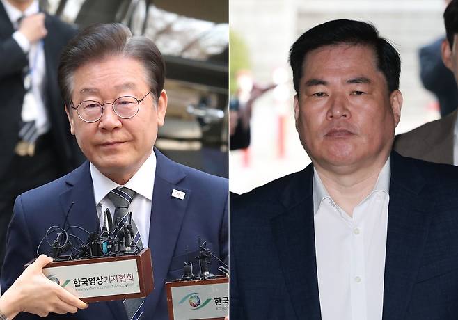 지난 3월 31일 서울중앙지방법원에 도착하는 이재명 더불어민주당 대표와 유동규 전 성남도시개발공사 기획본부장. 둘은 이날 법정에서 대면했다./남강호 기자