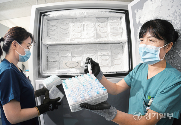 인체유래물은행 연구원들이 초저온 냉장고에 보관된 혈액을 관리하고 있다. 조주현기자