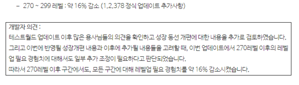 - 270레벨 이후 경험치 요구량에 대한 추가 업데이트가 발표됐다