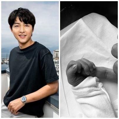 배우 송중기(왼쪽 사진)와 그의 아내가 출산한 아들 사진. 프랑스 칸=AP/뉴시스, 송중기 팬카페