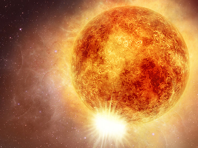 지구에서 640광년 떨어진 적색초거성인 베텔게우스의  모습을 묘사한 상상도. 태양보다 질량이 15배 무겁다. 최근 폭발이 임박했을 가능성에 학계가 주목하고 있다. 미국 항공우주국(NASA) 제공