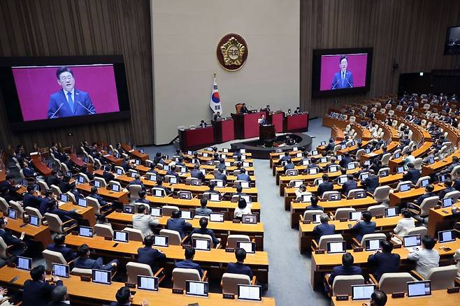 더불어민주당 이재명 대표가 19일 국회에서 교섭단체 대표연설을 하고 있다. 사진=서동일 기자