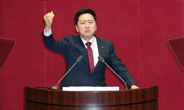김기현 국민의힘 대표가 20일 국회에서 교섭단체 대표 연설을 하고 있다. 연합뉴스