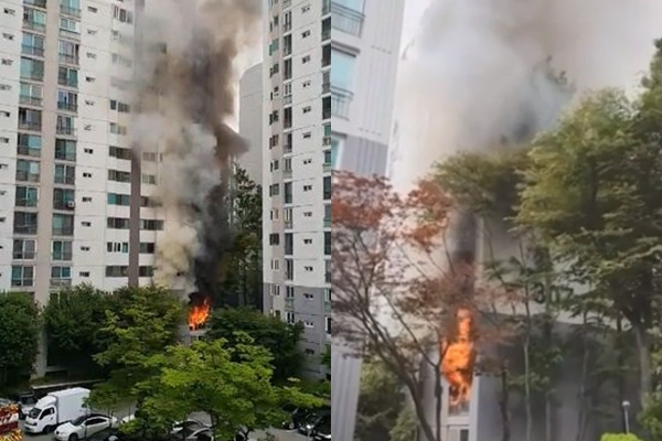 지난 17일 경기도 성남 분당구 정자동의 한 아파트에 불이 난 모습. 연합뉴스, 독자제공