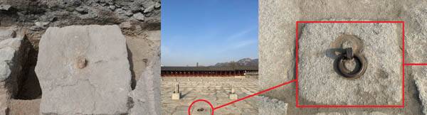 광화문 월대 120㎝ 하부에서 확인된 조선 전기의 차양막 고정장치(왼쪽). 경복궁 근정전 앞에 설치된 차양막 고정장치와 똑같다. 광화문 앞에서 차양막을 설치하고 각종 행사를 펼쳤다는 이야기다. / 국립서울문화재연구소 제공