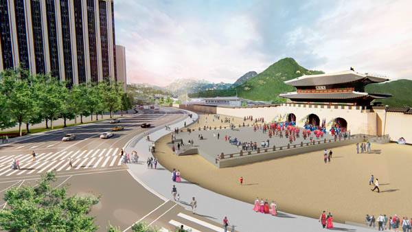 경복궁 광화문 앞 월대 복원 후 모습의 조감도. 월대는 1866년 경복궁 중건 때 남북 52m, 동서 29.5m 규모로 조성됐다. 월대가 완전 복원되면 사직동 방면에서 광화문을 거쳐 안국동 쪽으로 가는 도로의 선형이 반원 형태로 돌아간다. / 서울시청 제공