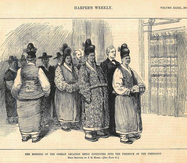 1888년 1월 17일 미국 대통령을 만나기 위해 기다리고 있는 박정양 조선 초대 주미 공사 일행을 그린 삽화. 위안스카이는 박정양의 주미 공사 파견을 집요하게 방해했다. 사진 출처 하퍼스 위클리