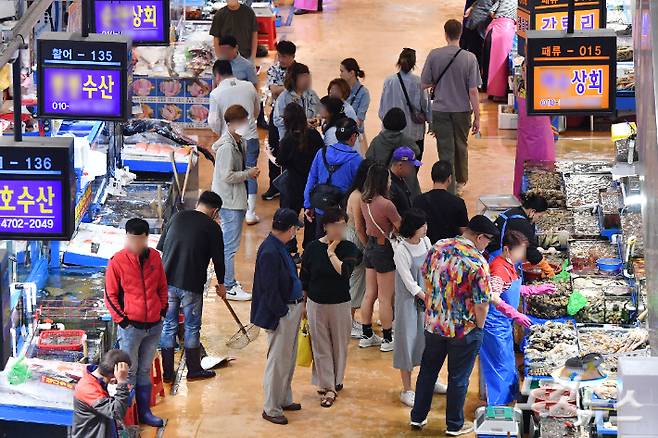 수산시장에서 상인들이 수산물을 판매하고 있다. 류영주 기자