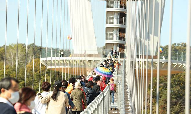 전북 임실군 옥정호를 찾은 관광객들이 출렁다리를 이용해 붕어섬 생태공원을 오가고 있다. 임실군 제공