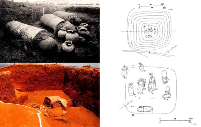 왼쪽 위부터 시계 방향으로 반남면 신촌리 9호분의 1917년 발굴 당시 옹관묘 노출 모습과 1980년 아리미쓰 교수가 정리한 옹관 배치평면도, 1999년 재조사 당시 옹관묘 노출 광경. 국립문화재연구원 제공
