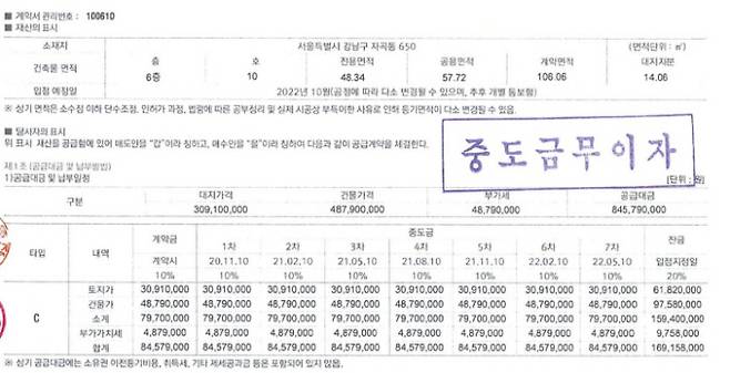 분양계약서에 시행사가 찍어준 중도금 무이자 도장. 시행사 엔티산업은 7차에 걸친 중도금 이자 대납을 계약 조건으로 내걸었다. 분양자 제공