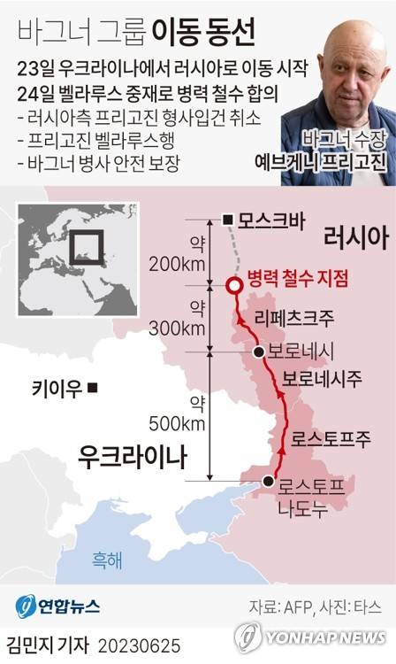 [그래픽] 바그너 그룹 모스크바 진격 이동 동선 (서울=연합뉴스) 김민지 기자 = minfo@yna.co.kr
    트위터 @yonhap_graphics  페이스북 tuney.kr/LeYN1
