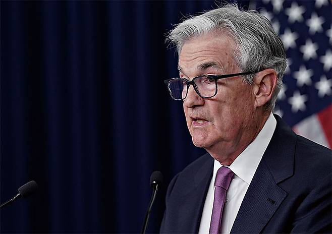 제롬 파월 미국 연방준비제도(Fed) 의장이 6월 14일(현지시각) FOMC(연방공개시장위원회) 후 기자회견에서 취재진의 질문에 답변을 하고 있다. 사진 블룸버그