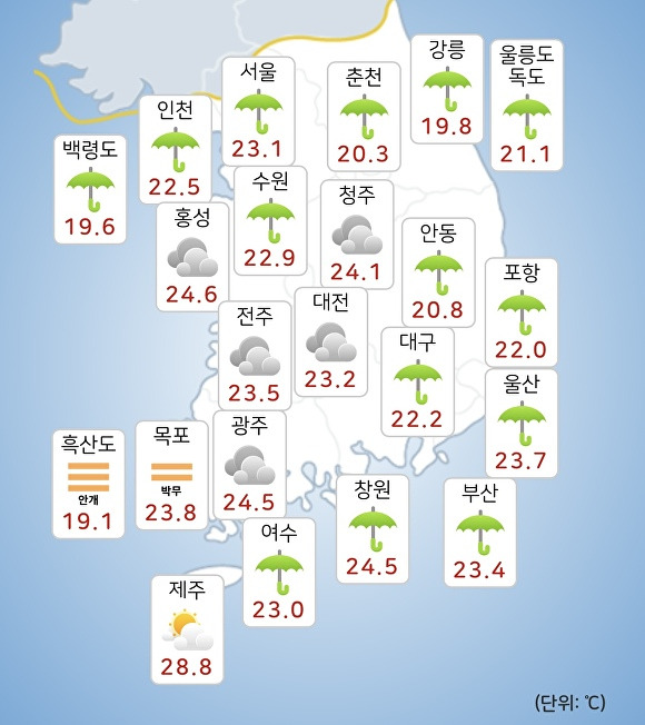 26일 오전 9시 현재 전국 날씨. [사진=기상청 날씨누리]