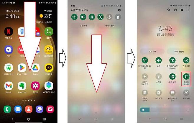 화면 상단 바를 두 번 끌어내려 전체 단축 버튼을 표시한 후 ‘모바일 데이터’ 버튼을 활성화 ＜출처=IT동아＞
