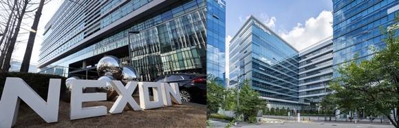 국내 대표 게임사 넥슨과 스마일게이트는 비슷한 점이 많지만 차이점도 뚜렷하다. 사진은 경기도 성남시 분당구 넥슨 사옥(왼쪽)과 스마일게이트 사옥. /사진=뉴스1, 스마일게이트