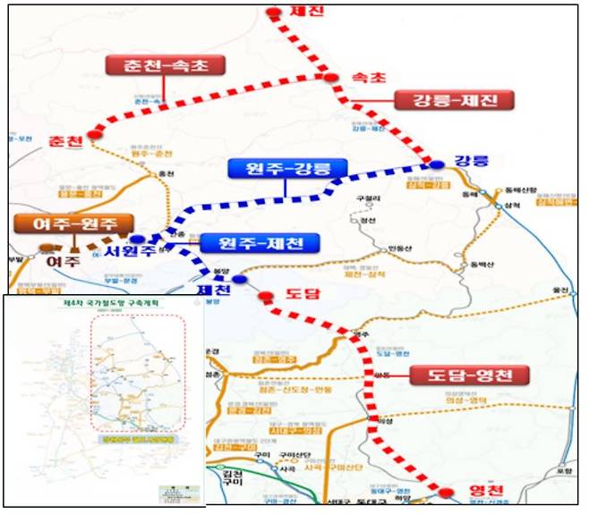 강원권 5개 철도 건설사업 위치도. [국가철도공단]
