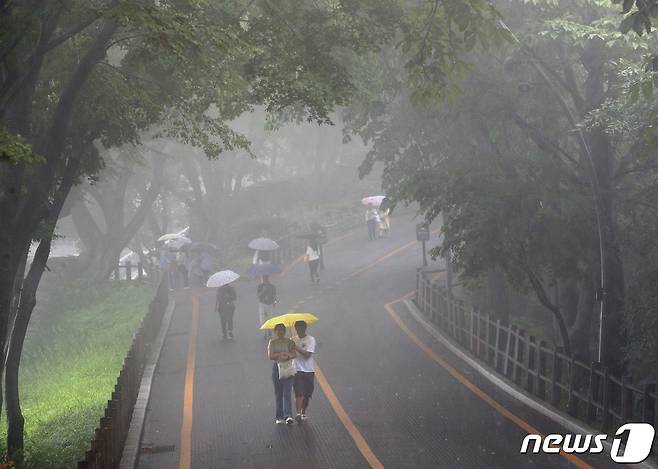 본격적인 장마가 시작된 26일 서울 남산에서 시민들이 우산을 쓰고 산책하고 있다. 2023.6.26/뉴스1 ⓒ News1 신웅수 기자