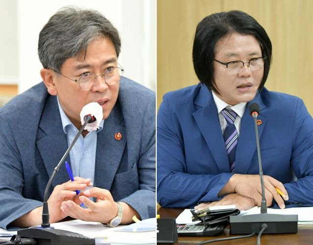 [제주=뉴시스] 제12대 제주도의회 2기 원내대표로 선출된 더불어민주당 현길호 의원(왼쪽)과 국민의힘 현기종 의원. (사진=제주도의회 제공) *재판매 및 DB 금지