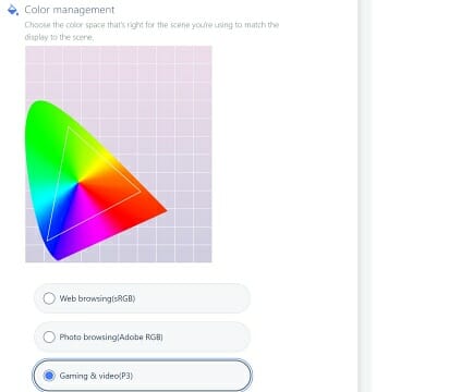 레노버 밴티지 앱으로 sRGB, DCI-P3, 어도비 RGB 색공간을 선택 가능하다.