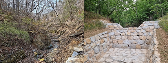 대구 남구 봉덕동 앞산 자락의 계류복원 사업 전(왼쪽)과 사업 후 전경(오른쪽) [사진=대구시]