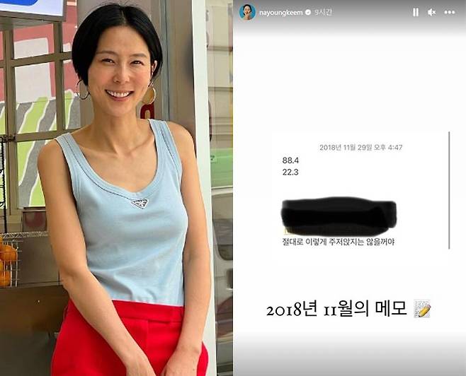 방송인 김나영(왼쪽)이 29일 인스타그램 스토리로 공개한 이혼 전 메모(오른쪽)./사진=김나영 인스타그램