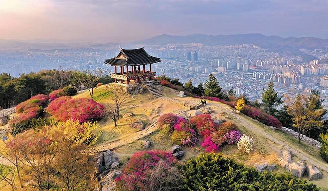 대전 중구 대사동 보문산에 자리한 보문산성(해발 406m)과 대전 시가지 풍경. 대전시는 민간 사업자를 유치해 오는 2027년까지 3000억원을 들여 보문산 일대를 새로운 관광 명소로 개발하는 ‘보물산 프로젝트’를 추진하고 있다. /대전시