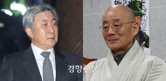 이동관 대통령실 대외협력특별보좌관(왼쪽)과 명진 스님. 경향신문 자료사진