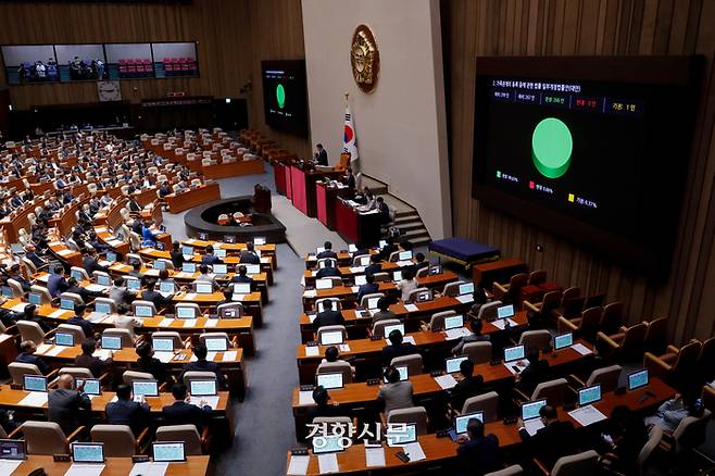 30일 국회에서 열린 제407회 국회(임시회) 제7차 본회의에서 ‘출생통보제’ 도입을 위한 ‘가족관계 등록 등에 관한 법률 개정안’이 통과되고 있다. 문재원 기자