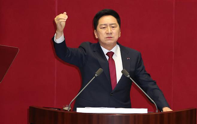 국민의힘 김기현 대표가 지난 20일 국회에서 교섭단체 대표 연설을 하고 있다. 2023.6.20 [연합뉴스,]