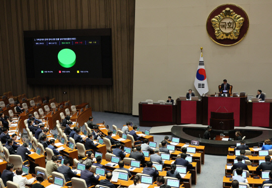 30일 오후 국회 본회의에서 ‘출생통보제’ 도입을 등을 위한 ‘가족관계 등록 등에 관한 법률 개정안’이 통과되고 있다. 연합뉴스