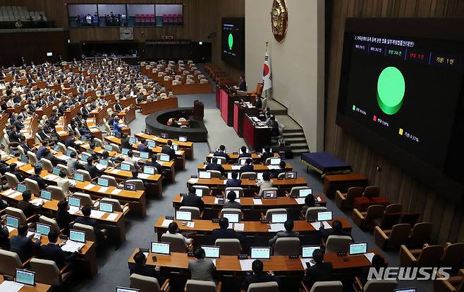 [서울=뉴시스] 추상철 기자 = 30일 오후 서울 여의도 국회에서 열린 제407회국회(임시회) 7차 본회의에서 '가족관계의 등록 등에 관한 법률 일부개정법률안(대안)'이 가결되고 있다. 2023.06.30. scchoo@newsis.com