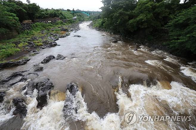 급류로 변한 무수천 (제주=연합뉴스) 박지호 기자 = 호우가 쏟아진 30일 오후 제주시 도평동 무수천에 흙탕물이 세차게 흐르고 있다.
    무수천은 건기에는 물이 거의 흐르지 않는 건천이다. 2023.6.30 jihopark@yna.co.kr