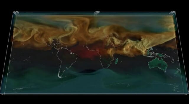 색상으로 구별해 표시한 전 세계 이산화탄소 배출량의 모습 (사진=NASA)