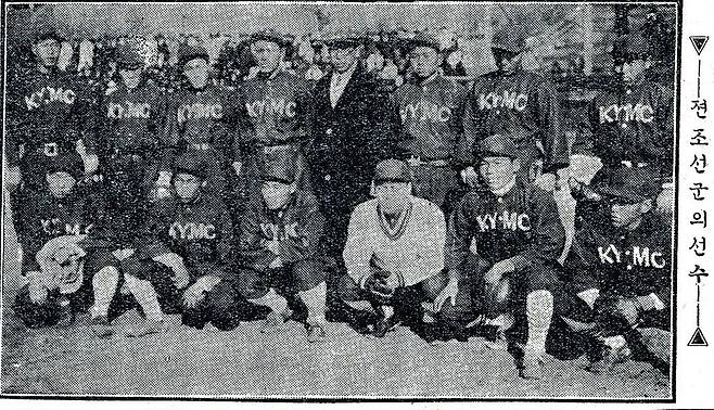 미국 올스타팀과 맞선 조선대표단. YMCA와 학교 야구단 아마추어 선수들로  급조했다. 조선일보 1922년12월10일자.