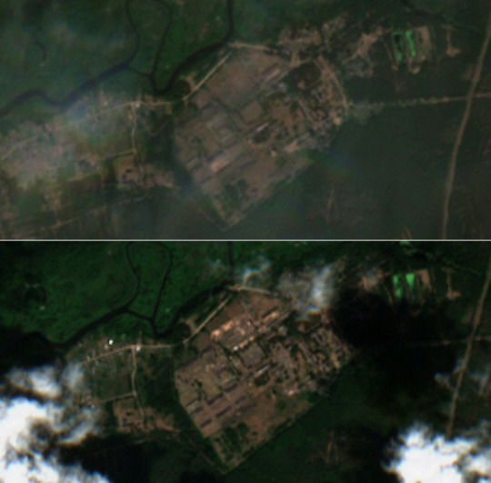 벨라루스 수도 민스크에서 남동쪽으로 약 100km 가량 떨어져 있는 아시포비치 지역에 있는 군사기지를 촬영한 위성사진. 지난 14일 찍은 위쪽 사진에는 빈 공터만 보인다. 그러나 27일 촬영한 사진에는 기지 북쪽 지역에 새 구조물이 들어섰다. 코페르니쿠스 센티넬-2 촬영. 로이터 연합뉴스