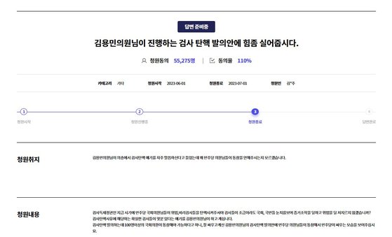 더불어민주당 내 강성 친명 초선의원 모임인 '처럼회' 소속 김용민 의원이 주도하는 검사탄핵안 발의에 동참해 달라는 민주당 게시판 청원이 5만명을 돌파했다. 사진 더불어민주당 청원게시판 캡처