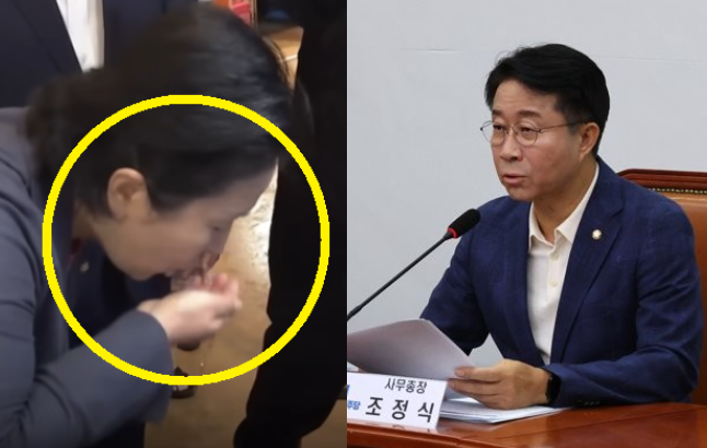 수조 속 바닷물을 떠 마시고 있는 김영선 국민의힘 의원(왼쪽)과 기자간담회를 진행하고 있는 조정식 더불어민주당 사무총장(오른쪽). /사진=연합뉴스